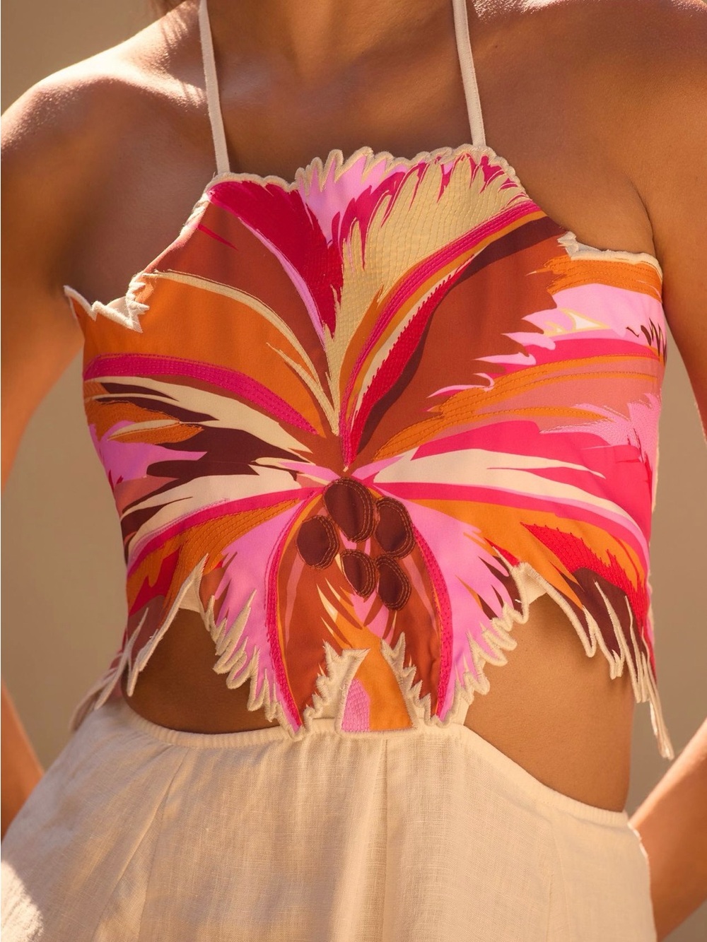 Maaji Pink Orange Floral Halter Maxi Dress with Cream Skirt - Picture 3 of 4